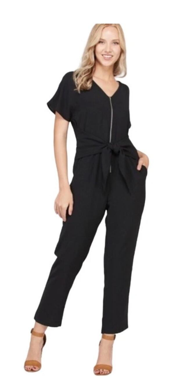 Polagram Black jumpsuit zip front short sleeve with tie sash , pockets, Medium